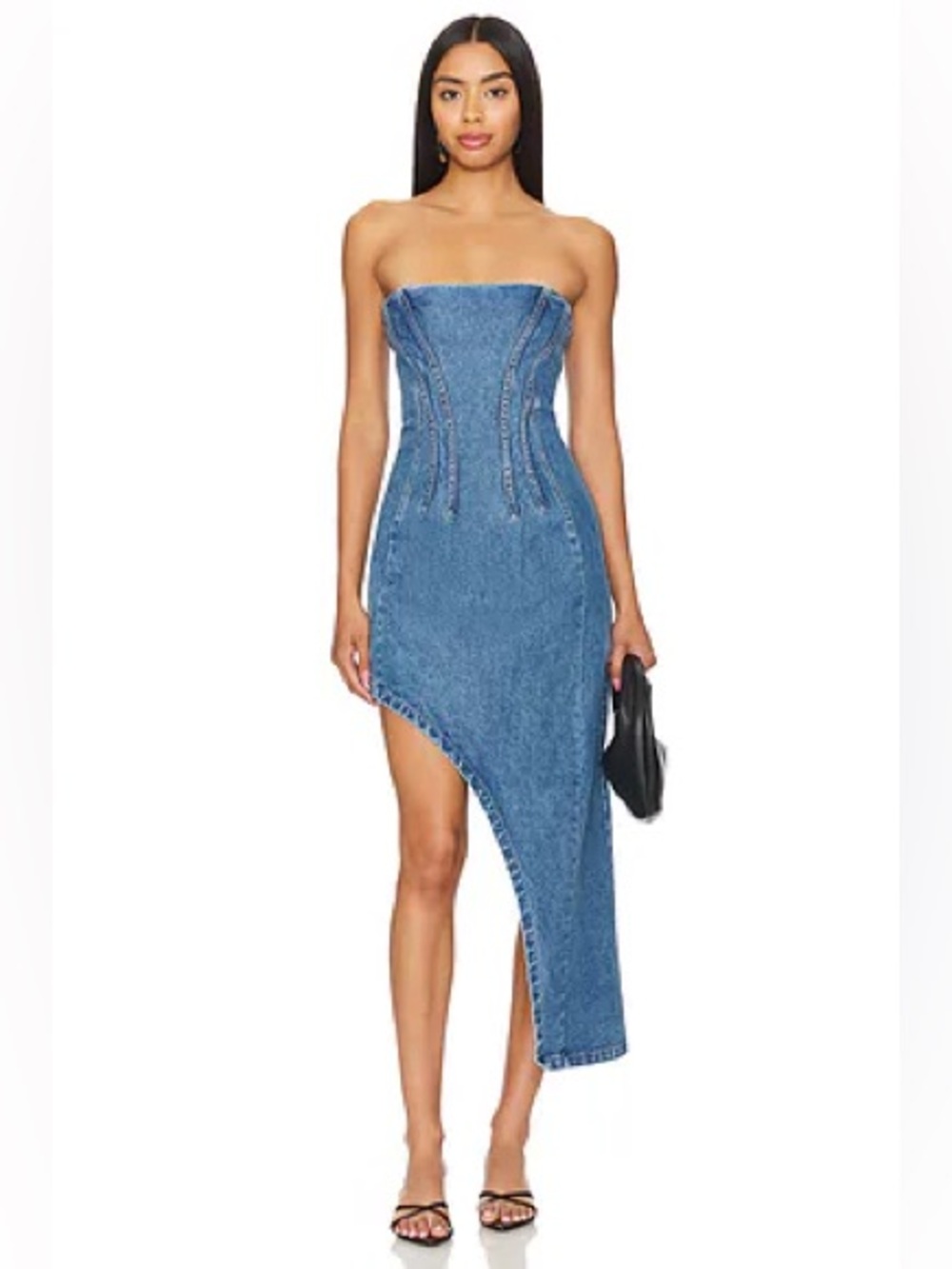 NWOT Bardot Amory Denim Asymmetrical Strapless Midi Dress | Size Small (US 4)